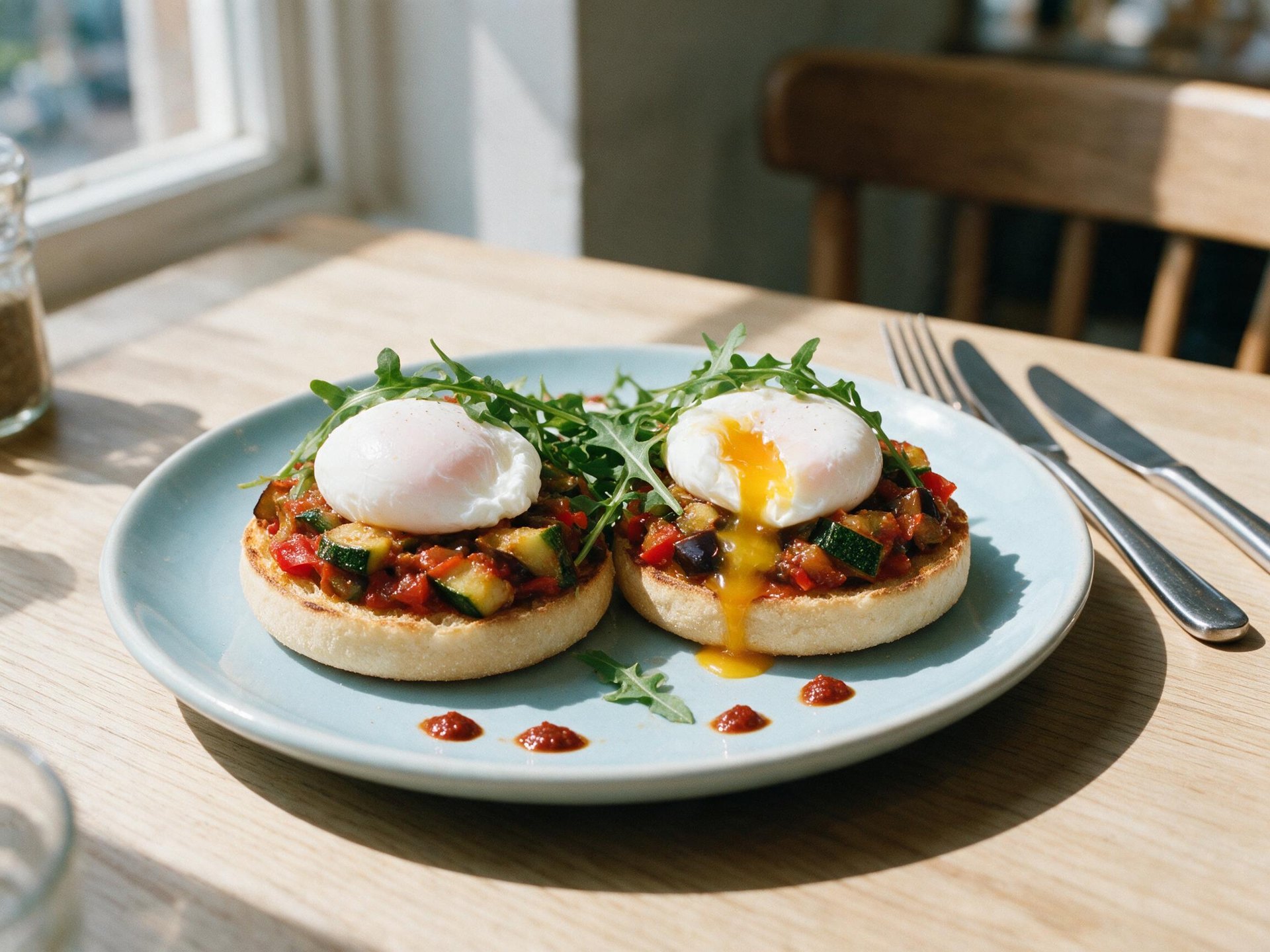 Eggs Benny auf English Muffin, pochierte Eier auf Ratatouillegemüse mit Tomatenpesto und Rucola