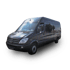 Чорний мікроавтобус Mercedes-Benz Sprinter з відблисками на лобовому склі та вікнах.