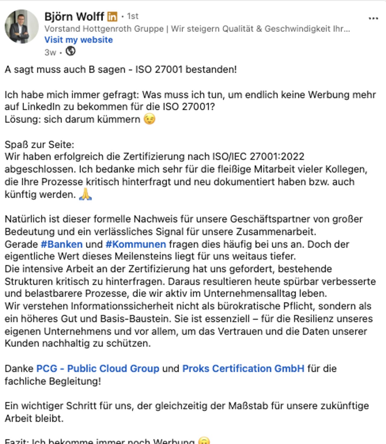 LinkedIn Beitrag von Björn Wolff, Hottgenroth Gruppe