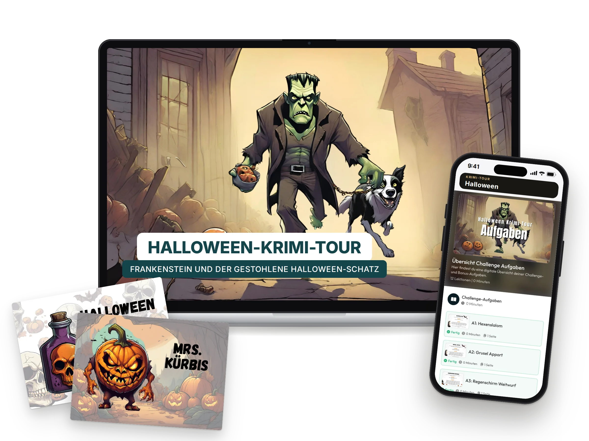 Mockup Halloween-Krimi-Tour auf Laptop, Handy und Karten