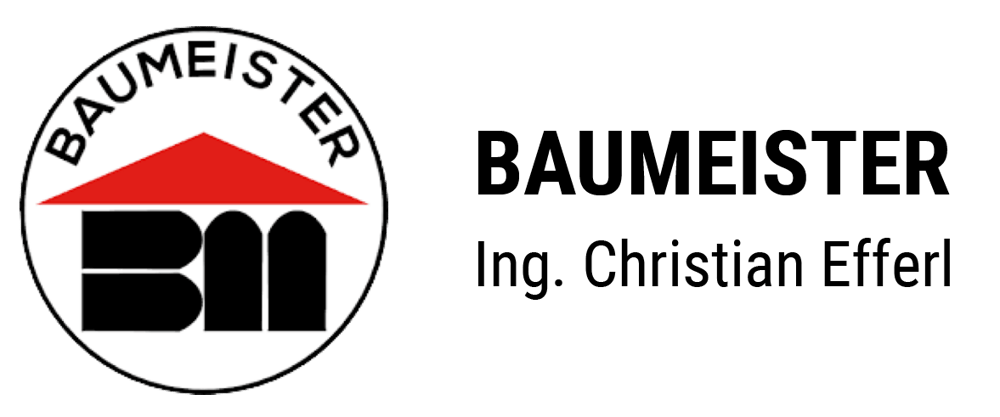Kreisförmiges Logo mit rotem Dach über schwarzen "BM"-Buchstaben und "BAUMEISTER"-Schriftzug.