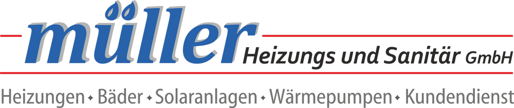 Logo "müller Heizungs und Sanitär GmbH" mit Leistungen Heizungen, Bäder, Solaranlagen, Wärmepumpen, Kundendienst.