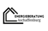 Schwarzes und graues Hauslogo mit Text "ENERGIEBERATUNG Aschaffenburg" auf dunklem Hintergrund.