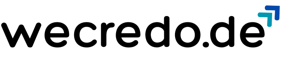 wecredo.de -Logo mit einem blauen Pfeil-Symbol oben rechts.