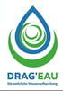 Logo von DRAG'EAU: blaue Wassertropfenform mit grünen konzentrischen Bögen, darunter Text "Die natürliche Wasseraufbereitung".
