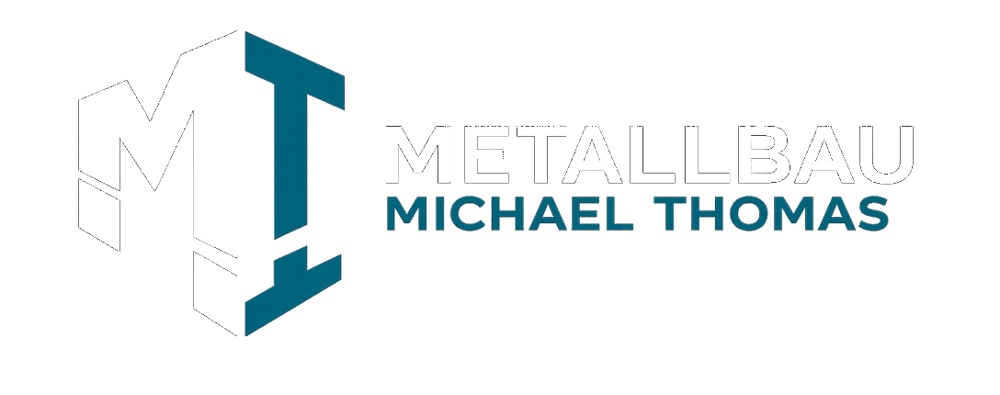 Logo: M und T in Sechseck, rechts „METALLBAU MICHAEL THOMAS“ in Weiß und Türkis.