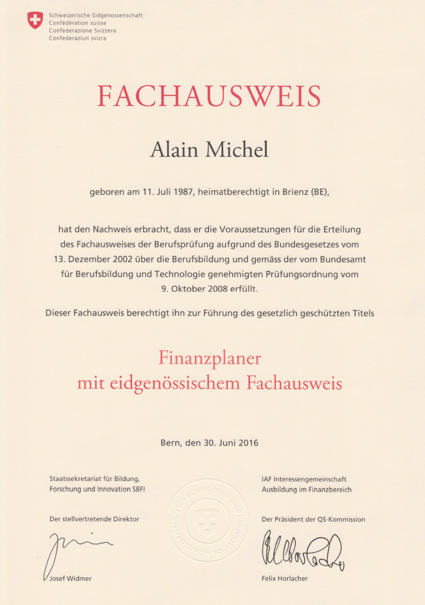 Finanzplaner mit eidgenössischem Fachausweis