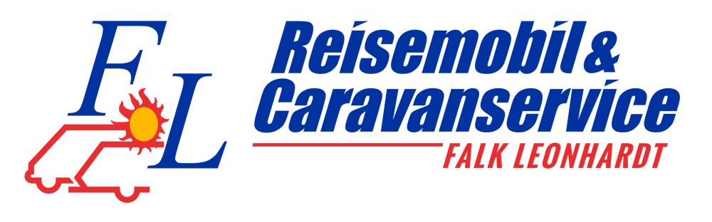 Logo: "FL" mit stilisiertem Wohnmobil und Sonne, daneben Text "Reisemobil & CaravanService Falk Leonhardt".