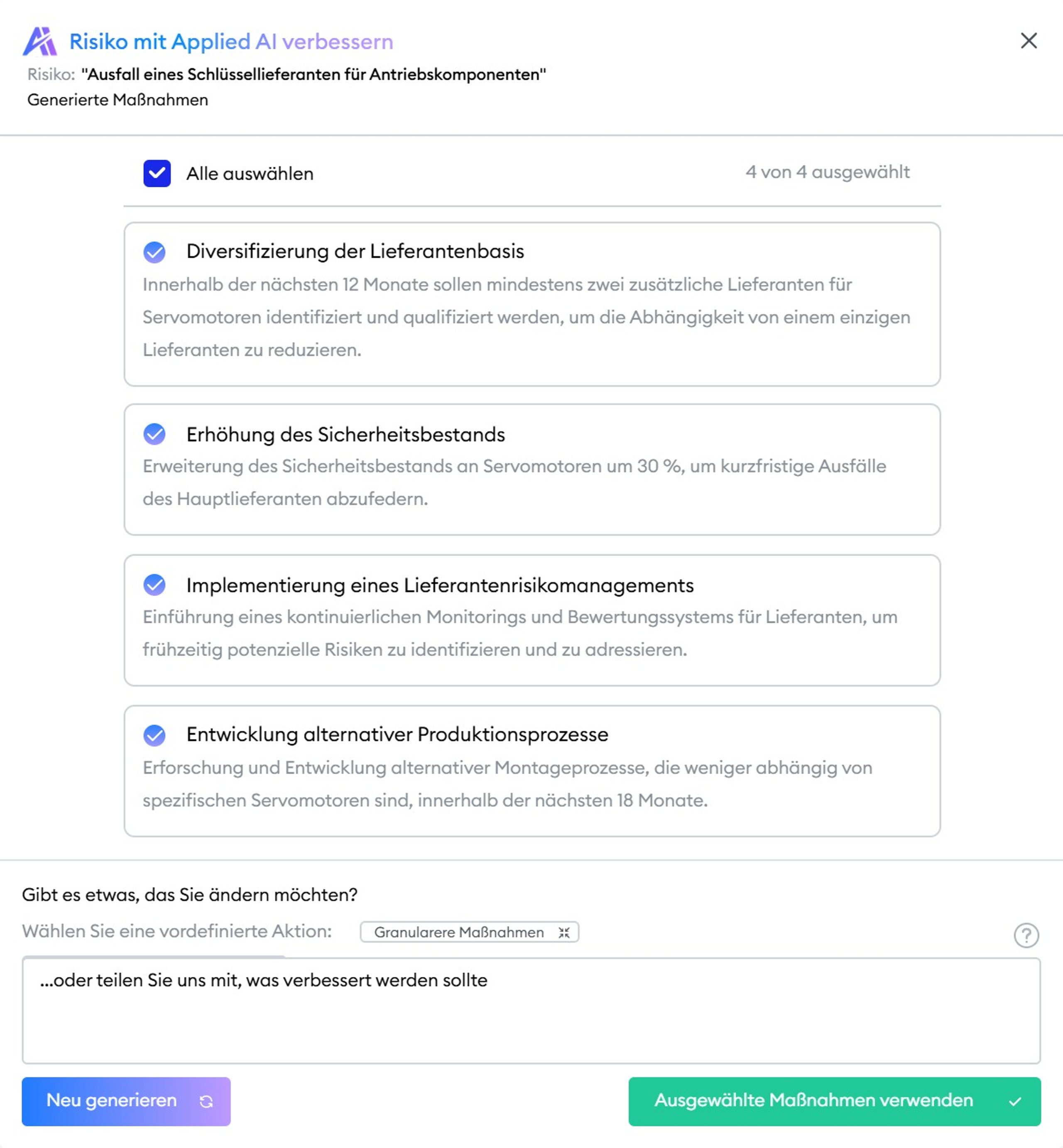 KI-Maßnahmenvorschläge zu einem Risiko in der Risikomanagement-Software