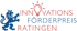 Logo mit blauem Löwen links, glühender Glühbirne oben und Text "INNOVATIONS FÖRDERPREIS RATINGEN" in Rot und Blau.