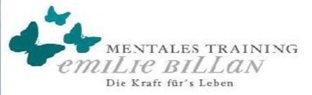 Drei türkise Schmetterlinge fliegen über "MENTALES TRAINING Emilie BiLLan Die Kraft für's Leben".