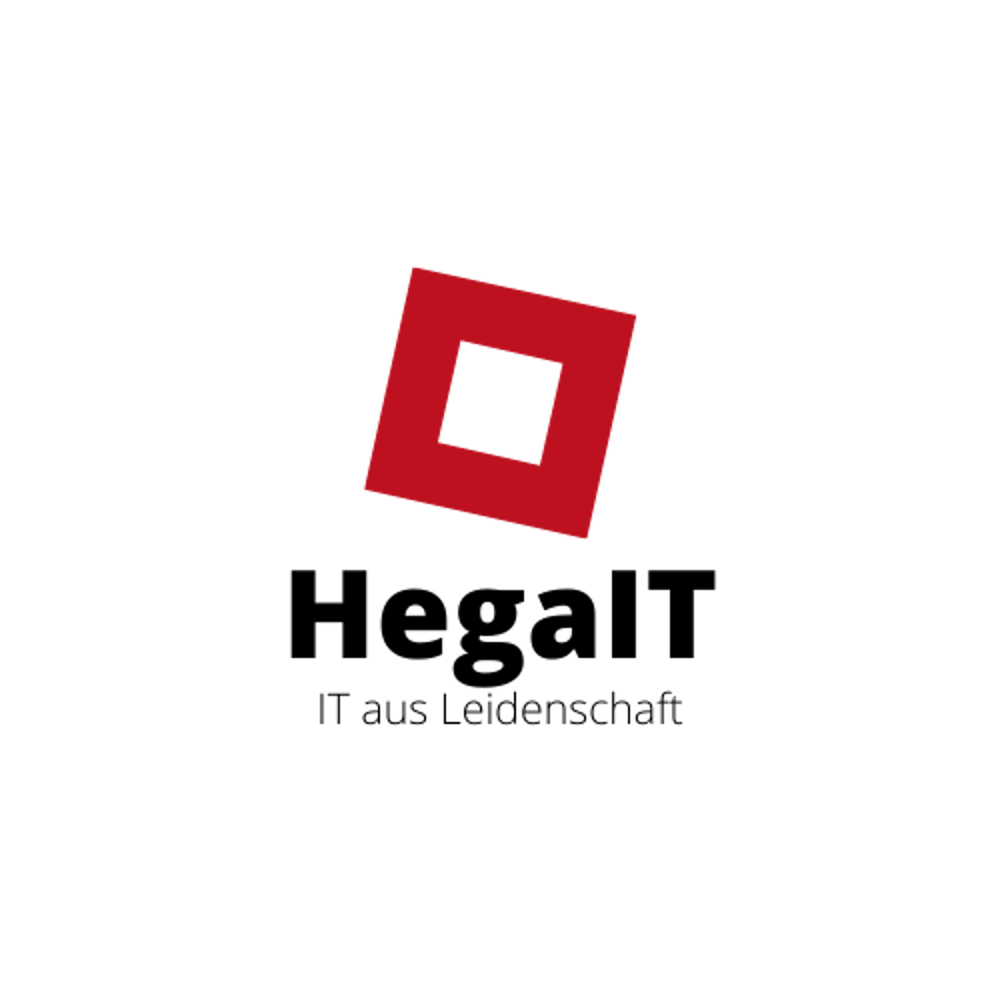 HegalIT Logo: Rotes Quadrat mit leerem Mittelpunkt über dem Text "HegalIT IT aus Leidenschaft".