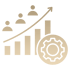 Balkendiagramm mit aufsteigendem Pfeil und drei Personensymbolen; Zahnrad unten rechts