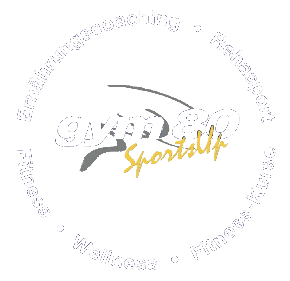 Logo von gym 80 Sportclub mit den Begriffen Ernährungscoaching, Rehasport, Fitness-Kurse, Wellness und Fitness im Kreis.