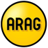 Gelbes ARAG Firmenlogo in Kreisform mit schwarzem Schriftzug auf schwarzem Hintergrund.