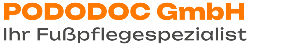 PODODOC GmbH Ihr Fußpflegespezialist in Orange und Grau auf dunklem Hintergrund.