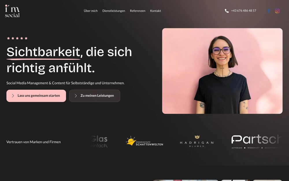 Startseite der Website von i'm social – Ines Moritzer