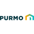 Purmo Logo mit dunkelblauem Schriftzug und einem stilisierten Haus-Icon in Orange-Türkis-Verlauf auf schwarzem Grund.