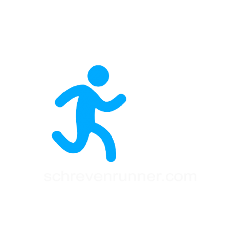 Blauer Läufer auf grünem Hintergrund mit Text "schrevenrunner.com" darunter.
