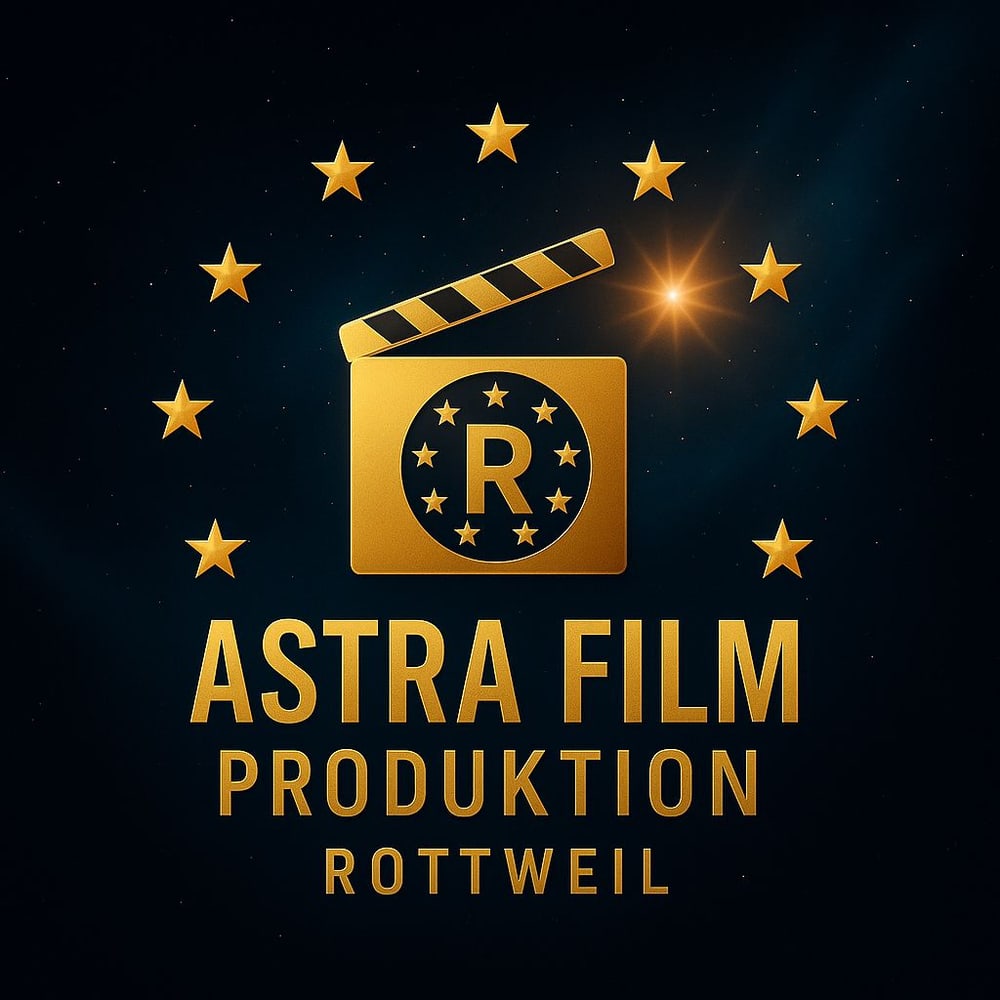 Goldenes Filmklappen-Logo mit Sternen und Text "ASTRA FILM PRODUKTION ROTTWEIL".