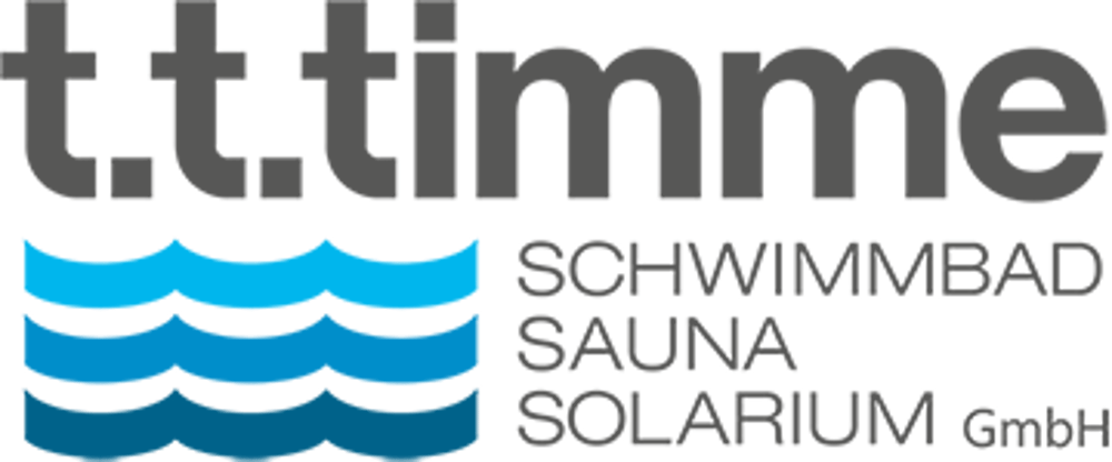 Logo t.t.timme mit blauen Wellen und dem Text Schwimmbad, Sauna, Solarium GmbH.