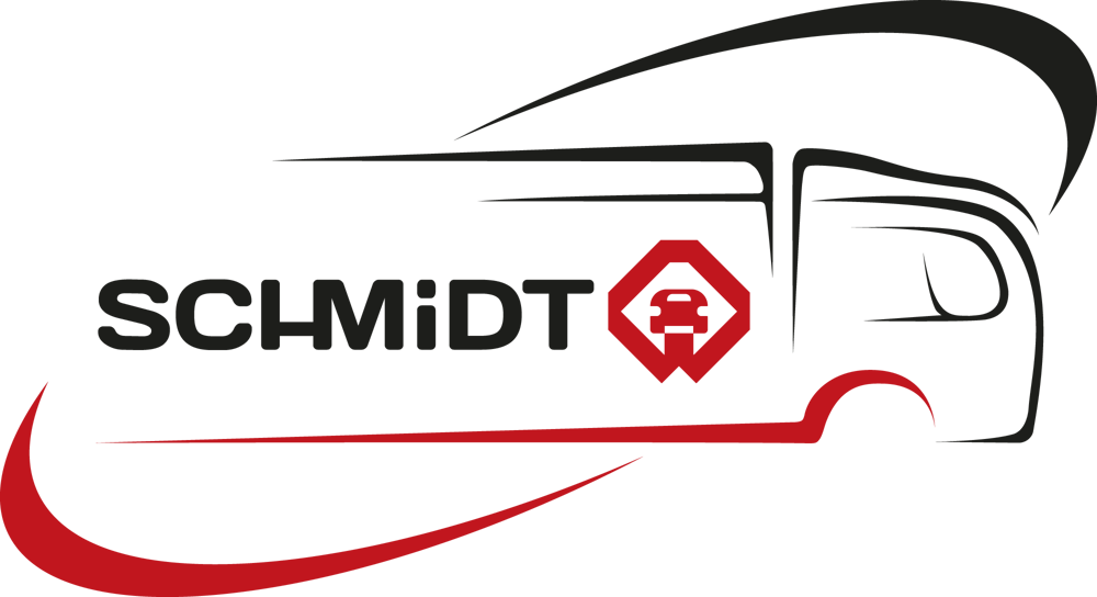 Logo: Schwarzer LKW-Umriss mit rotem "SCHMiDT"-Schriftzug und Firmenzeichen.