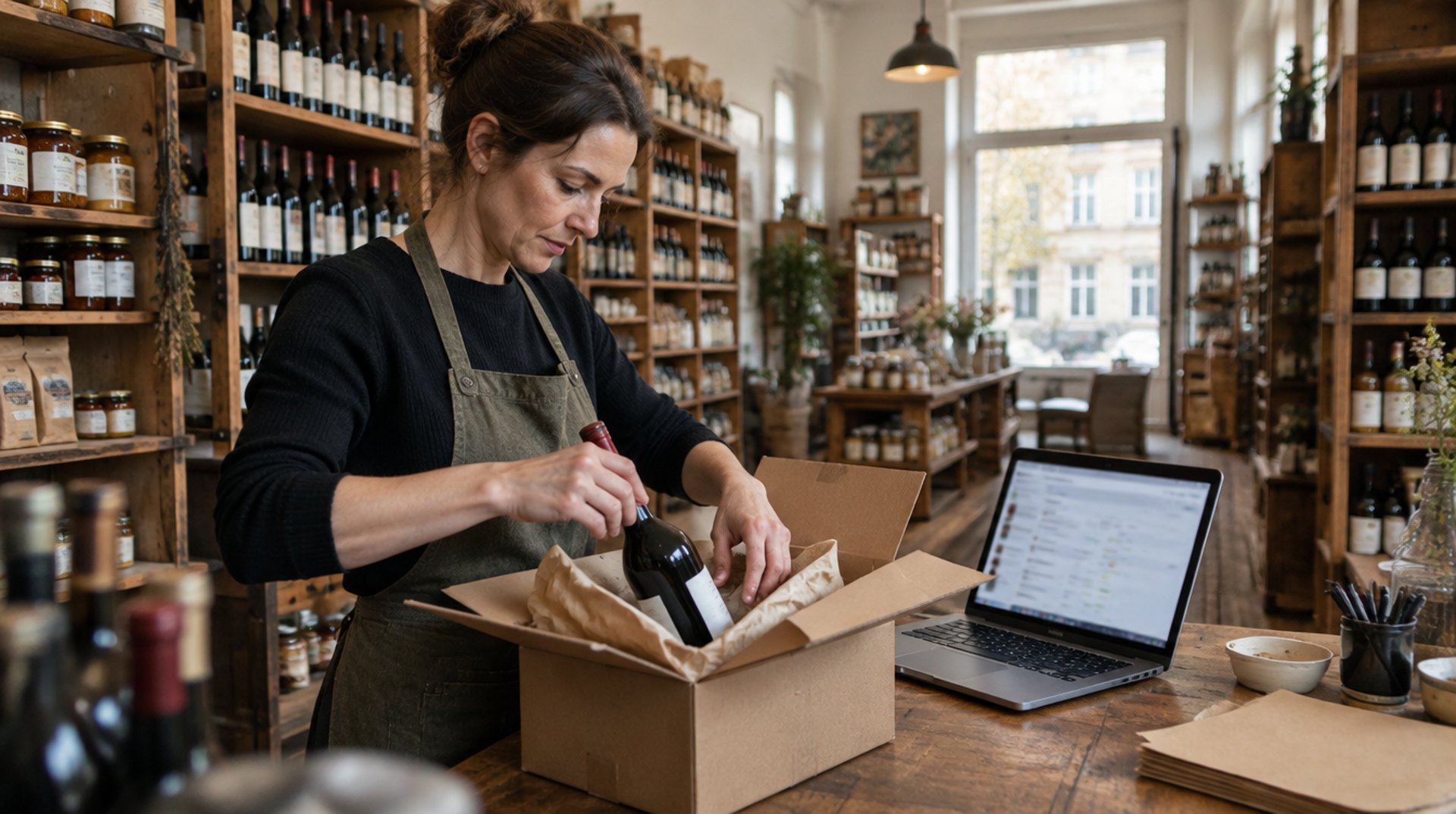 Verkäuferin in einem Berliner Feinkostladen packt eine Flasche Rotwein in einen Versandkarton, daneben ein Laptop mit der Bestellübersicht des Shops