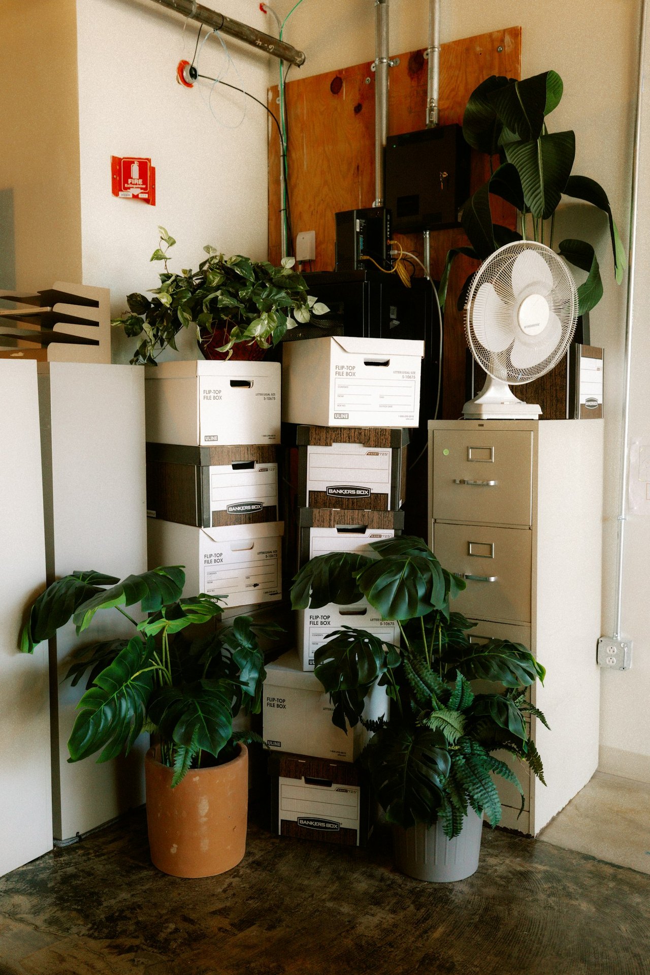 Büro mit Kartons und Aktenschränken bei einer Firmenauflösung