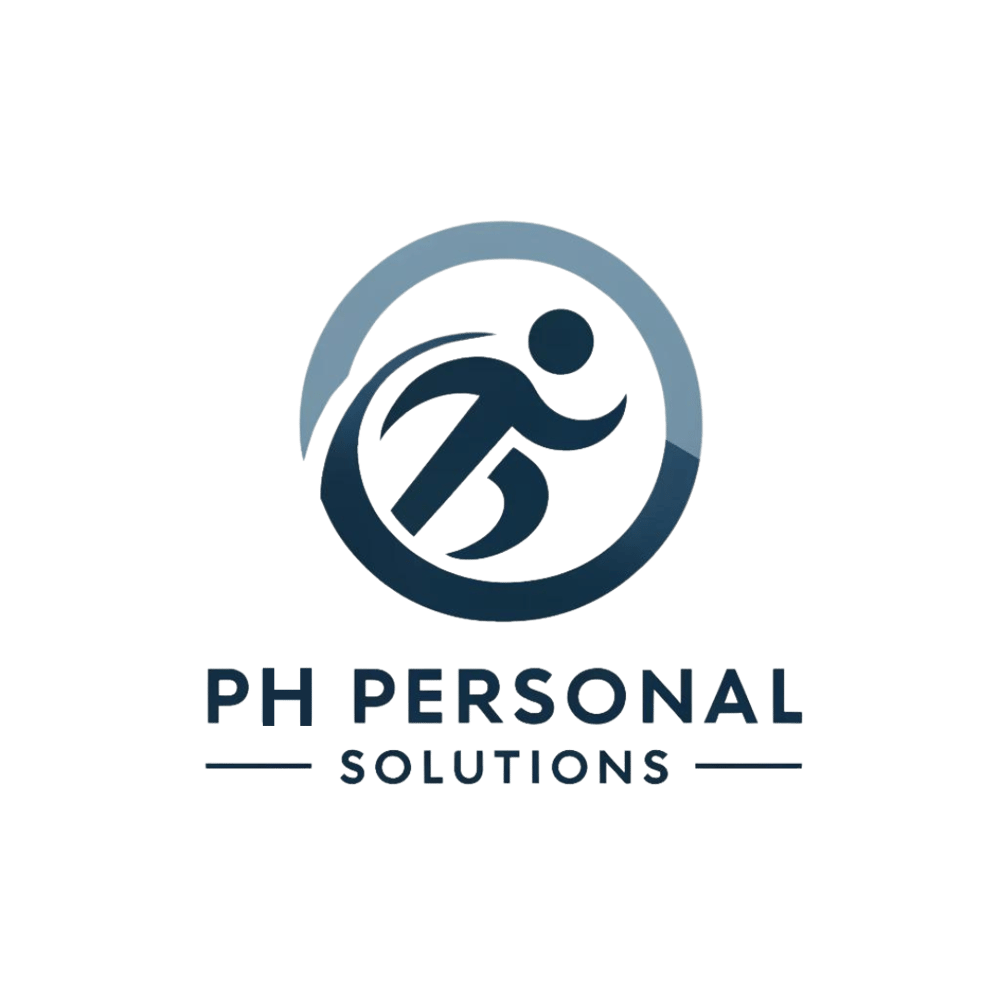 Logo: Blaue Silhouette einer laufenden Person in einem Kreis mit dem Text "PH PERSONAL SOLUTIONS".