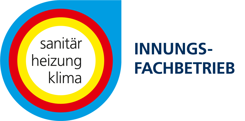 Logo mit "Sanitär Heizung Klima" in einem roten, gelben und blauen Kreis sowie "Innungs-Fachbetrieb" auf weißem Hintergrund.