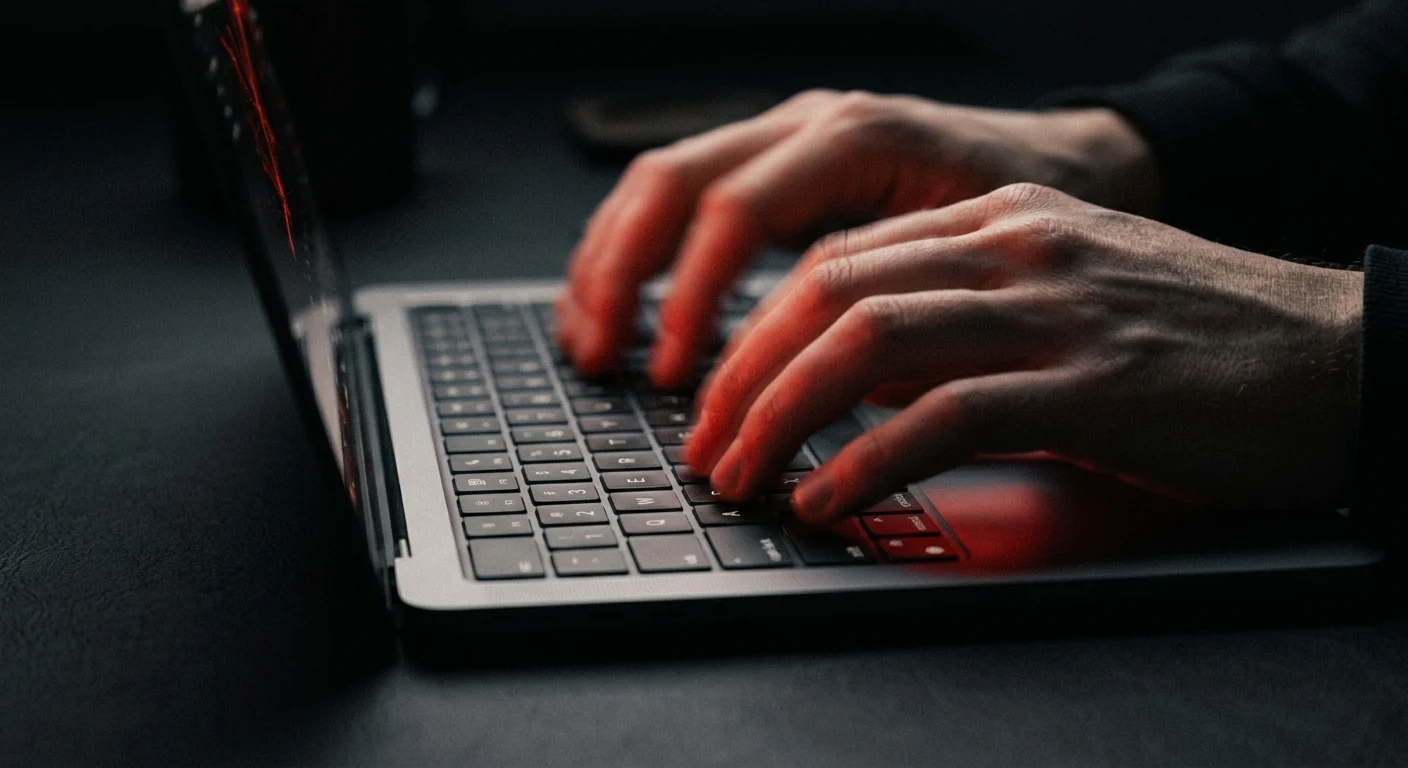 Close-up of hands typing on a laptop keyboard illuminated by red ambient light