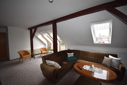 Geräumiges Wohnzimmer im Dachgeschoss mit braunem Ecksofa, Couchtisch und Dachfenstern.
