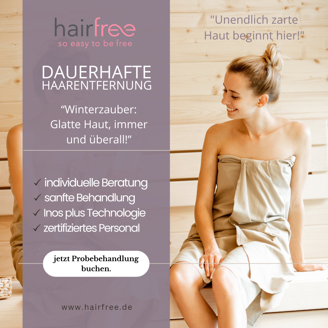 Anzeige hairfree: Frau im Handtuch auf einer Holzbank, „Dauerhafte Haarentfernung. Jetzt Probebehandlung buchen.“