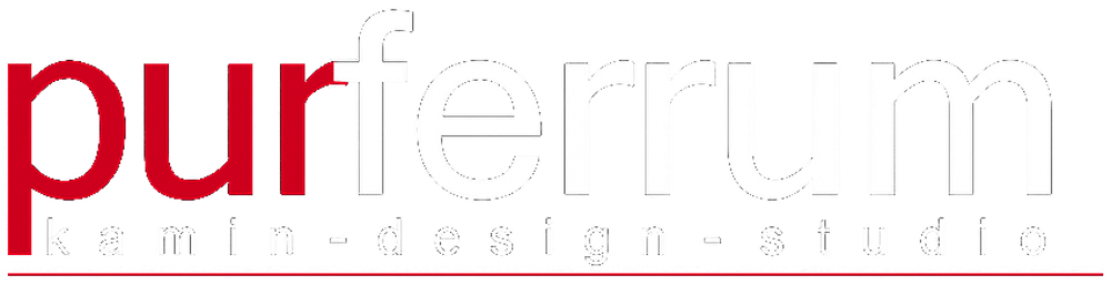 Purferrum Logo: „pur“ in Rot, „ferrum“ in Weiß. Darunter „kamin-design-studio“ in Weiß.