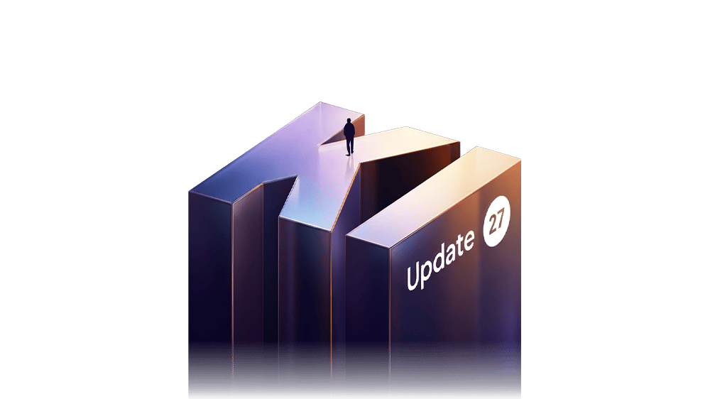 Eine Person steht auf einem großen 3D-Buchstaben „KI“ mit dem Text „Update 26“.