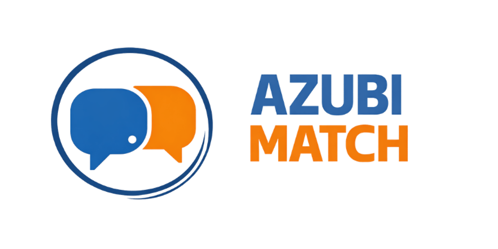 Logo mit zwei blauen und orangefarbenen Sprechblasen in einem Kreis, daneben der Text "AZUBI MATCH".