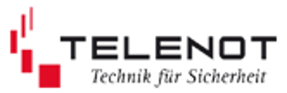 Telenot Logo mit dem Slogan Technik für Sicherheit und roten grafischen Elementen auf schwarzem Hintergrund.