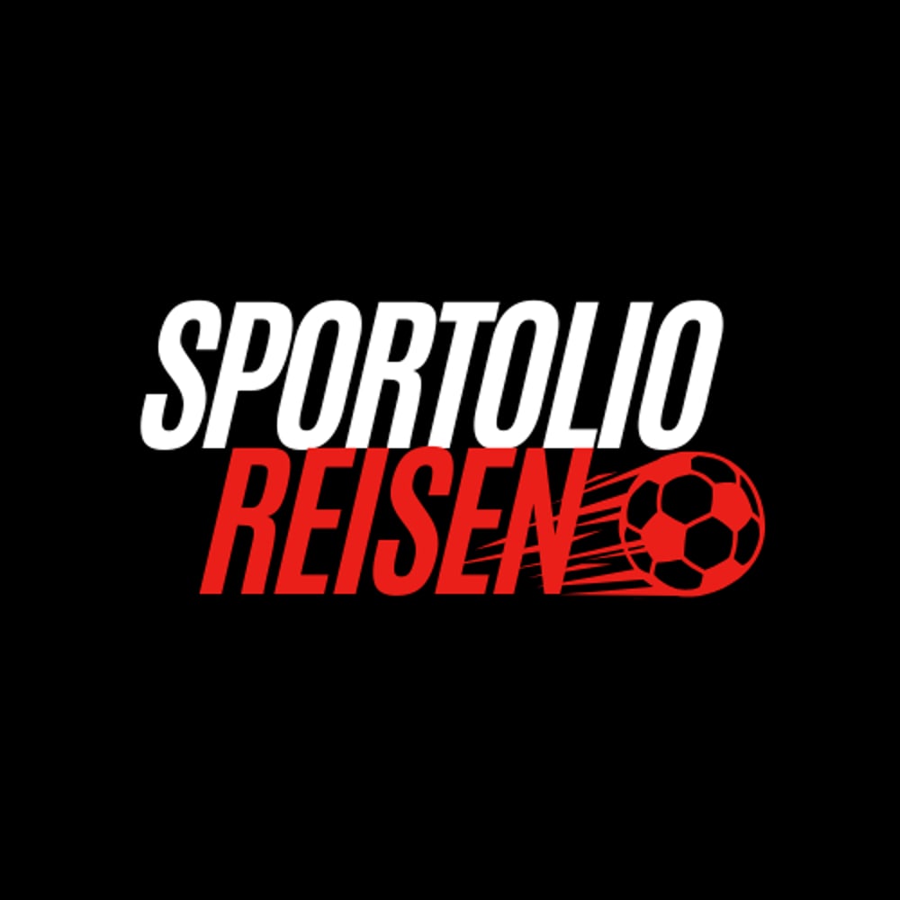 SPORTOLIO REISEN Logo mit weißer Schrift "SPORTOLIO" und roter Schrift "REISEN", die einen fliegenden Fußball enthält.