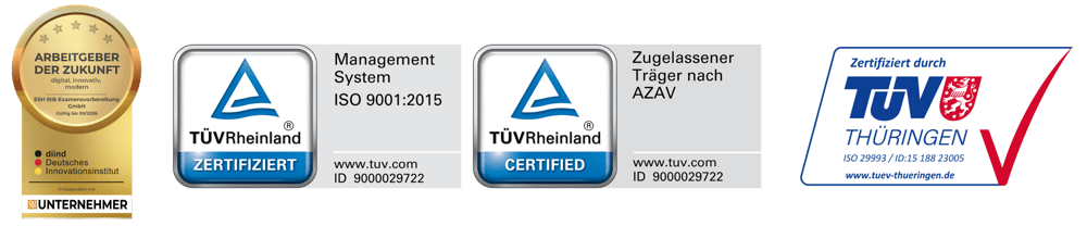 ESH Auszeichnungen und Zertifikate: "Arbeitgeber der Zukunft", "Focus Top Anbieter für Weiterbildung 2025 und 2026", TÜV Rheinland DIN ISO 9001 und AZAV Trägerzulassung und TÜV Thüringen DIN ISO 29993