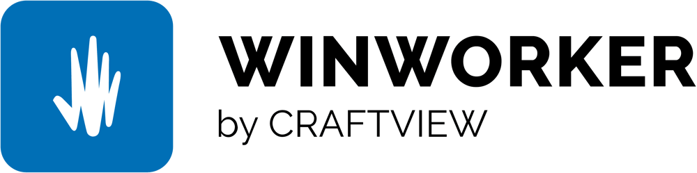 WinWorker Logo: Blaue Kachel mit weißer Hand, daneben der Text "WINWORKER by CRAFTVIEW".