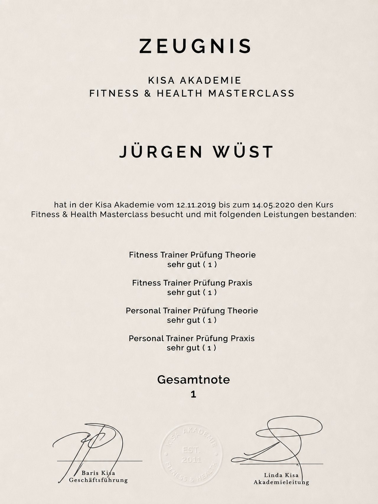 Zeugnis „Fitness & Health Masterclass“