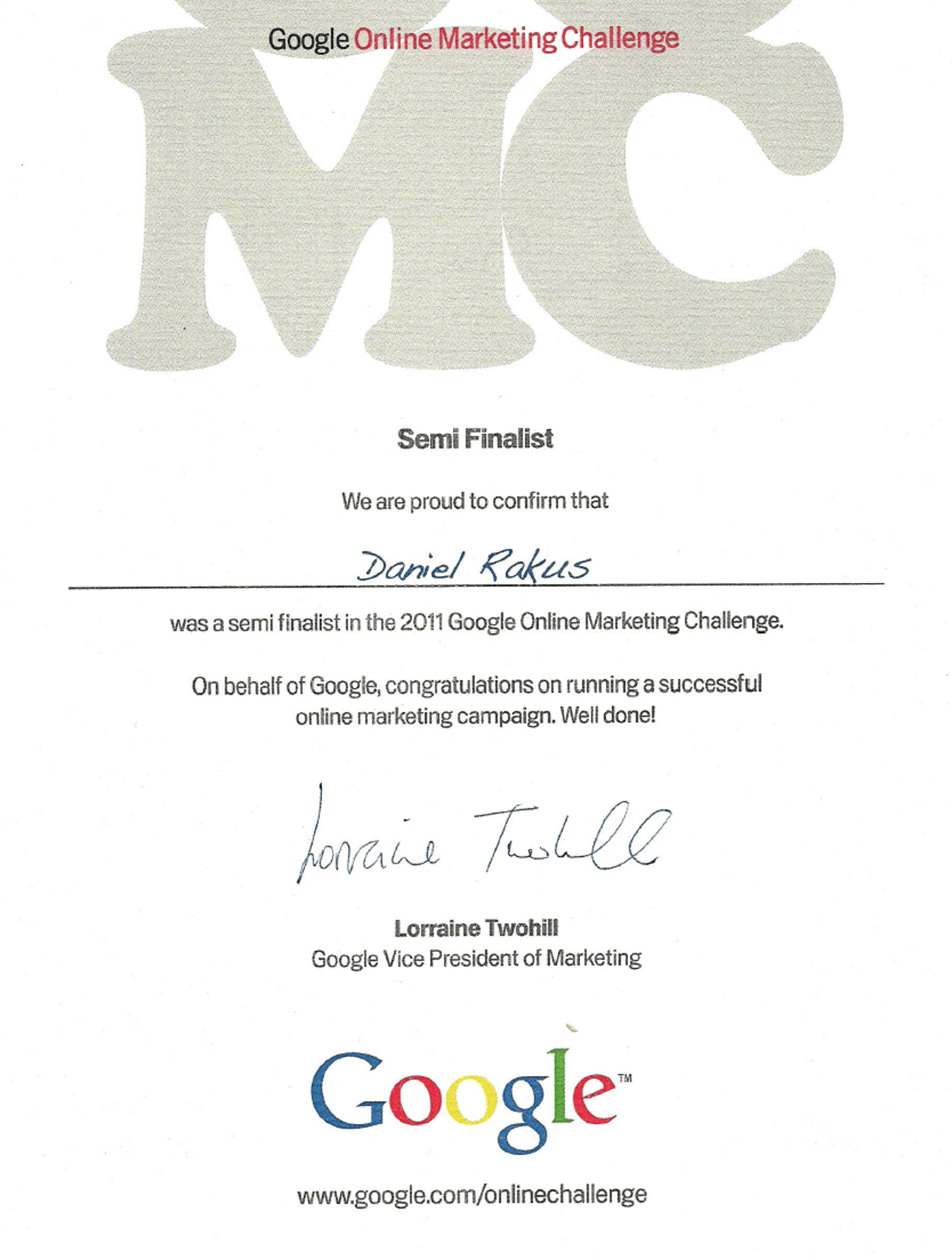 Urkunde: Daniel Rakus, Semi Finalist der Google Online Marketing Challenge 2011