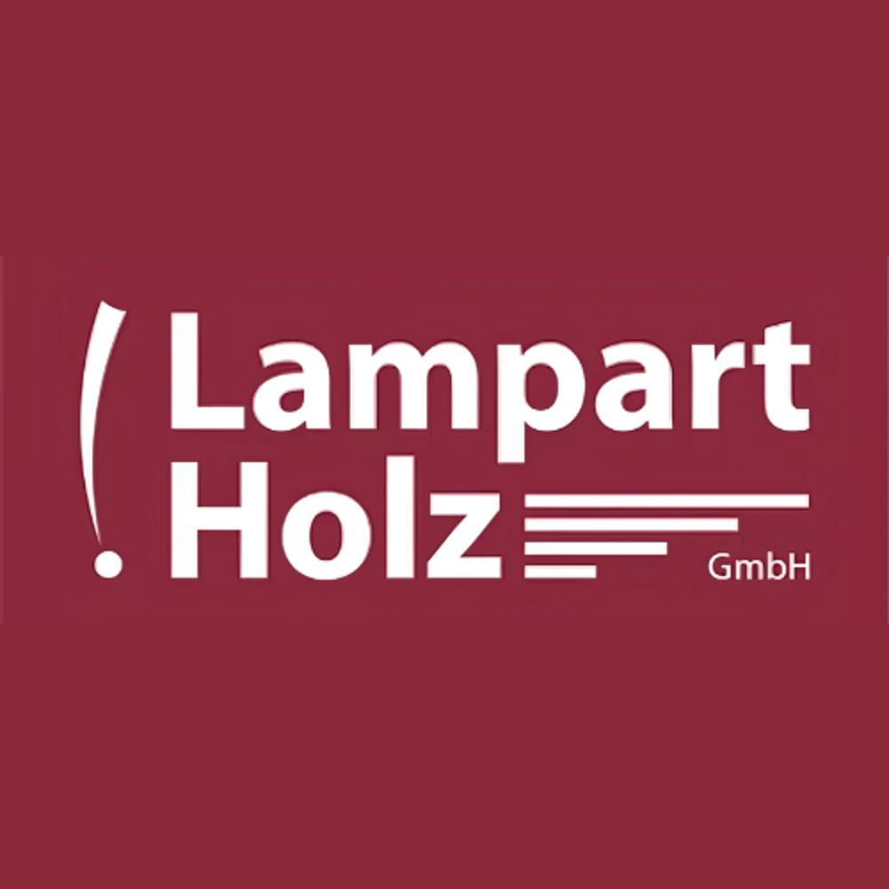 Logo von Lampart Holz GmbH in Weiß auf weinrotem Hintergrund.