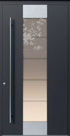Moderne Haustür in Anthrazit mit vertikalem Glasausschnitt und langem Edelstahlgriff.