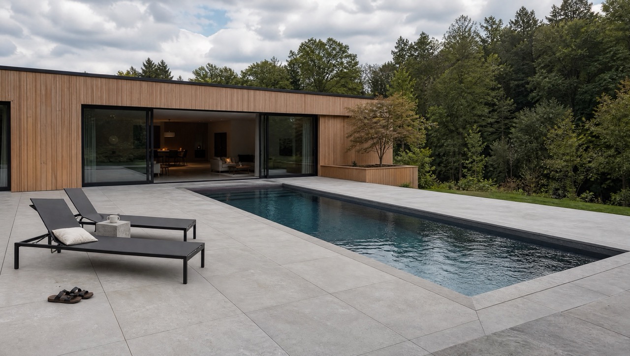 Architektur-Pool am Hang. Edition 9 × 3 m mit Beton-Sichtkante und reduzierter Linienführung — eine Visualisierung.