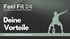 Feel Fit 24 Logo, Text "Deine Vorteile", www.feelfit24.com, und Silhouette eines Sportlers mit Kettlebell.