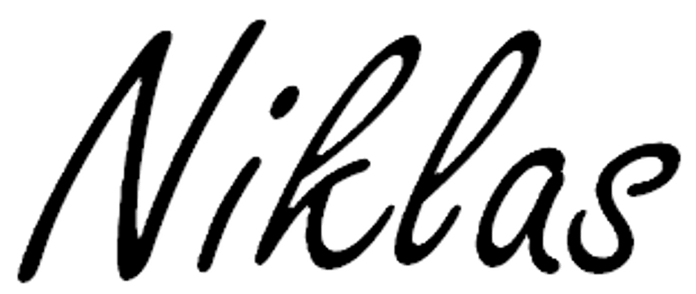 Schwarzer, kursiver Text auf dunkelgrünem Hintergrund, der "Niklas" liest.