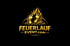 Goldene Fußabdrücke in Flammen mit Text "FEUERLAUF EVENT.com" auf schwarzem Hintergrund.