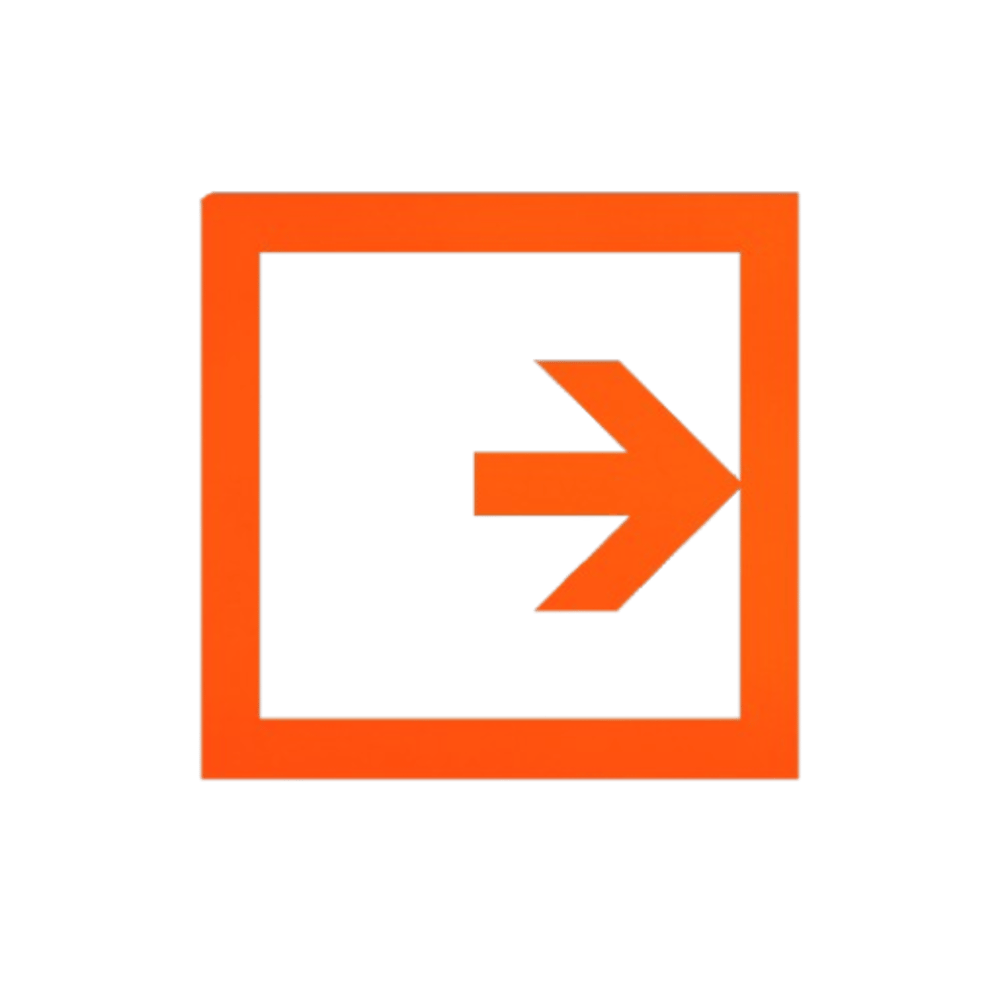 Oranger Pfeil nach rechts in einem orangefarbenen Quadrat, Symbol für Login oder Ausgang.