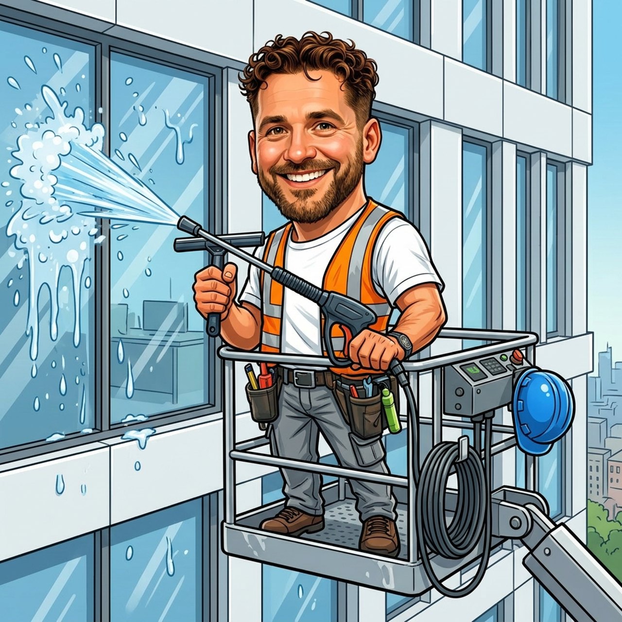 Ein lächelnder Cartoon-Fensterputzer in Warnweste sprüht Wasser auf ein Hochhausfenster von einer Hebebühne.